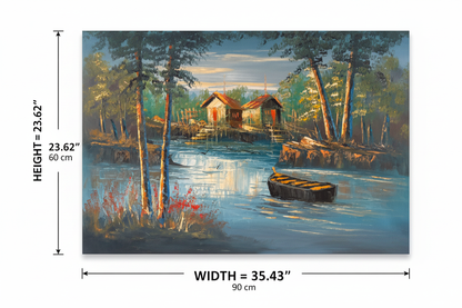 Dimension diagram of twilight lakeside cabin oil painting showing width 35.43 inches 90 cm and height 23.62 inches 60 cm on white background