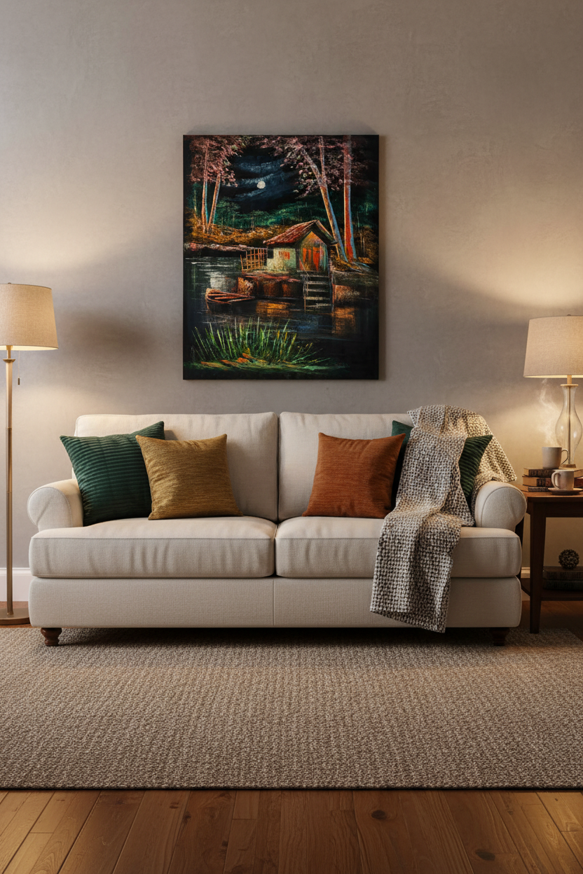 Moonlit lakeside boathouse night scene canvas art staged in a cozy living room sitting area above a sofa