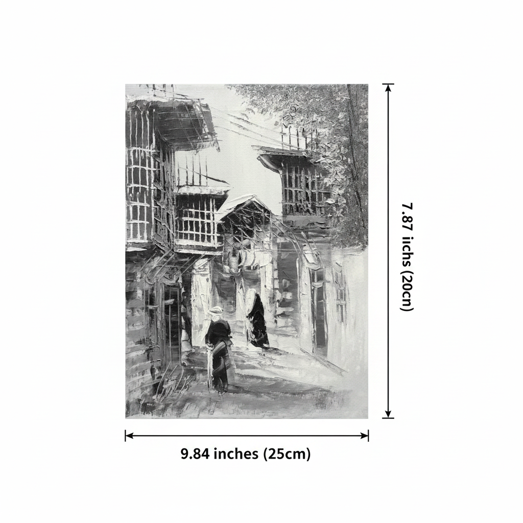 Dimension diagram: B&W old town alleyway oil painting 9.84 inches wide by 7.87 inches tall on white background