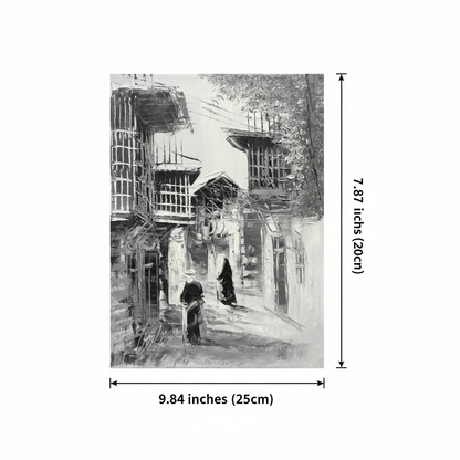 Dimension diagram: B&W old town alleyway oil painting 9.84 inches wide by 7.87 inches tall on white background