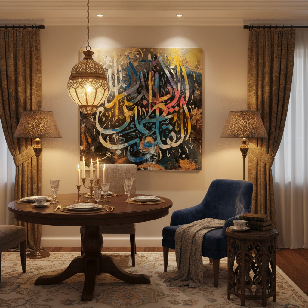 Frameless square Arabic calligraphy canvas art displayed in sophisticated dining area