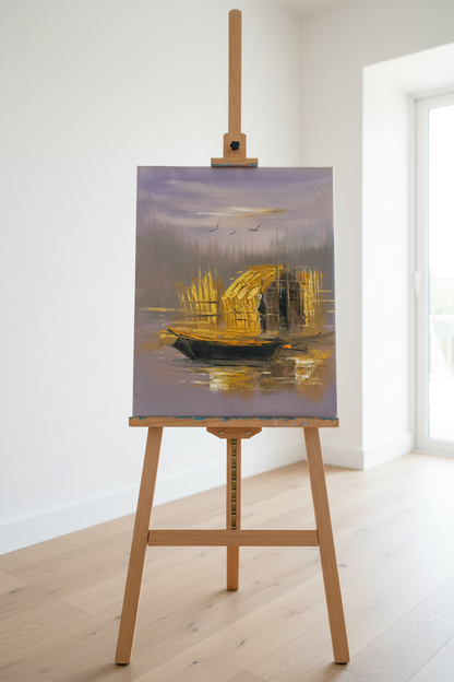 Original Iraqi marsh mudhif oil painting displayed on wooden easel stand in bright modern interior