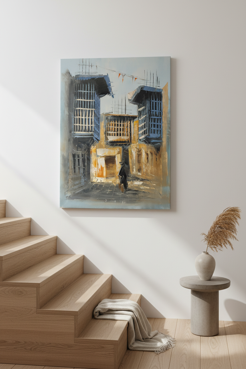 Old city alleyway painting leaning against wall near stairs in luxury home interior