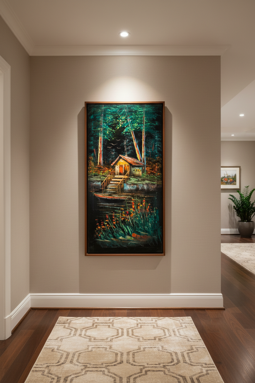 Forest boathouse painting displayed in elegant hallway interior