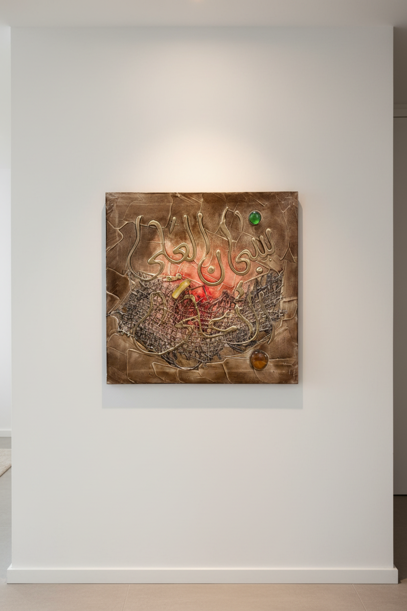 Islamic calligraphy bronze gold wall art displayed in modern hallway