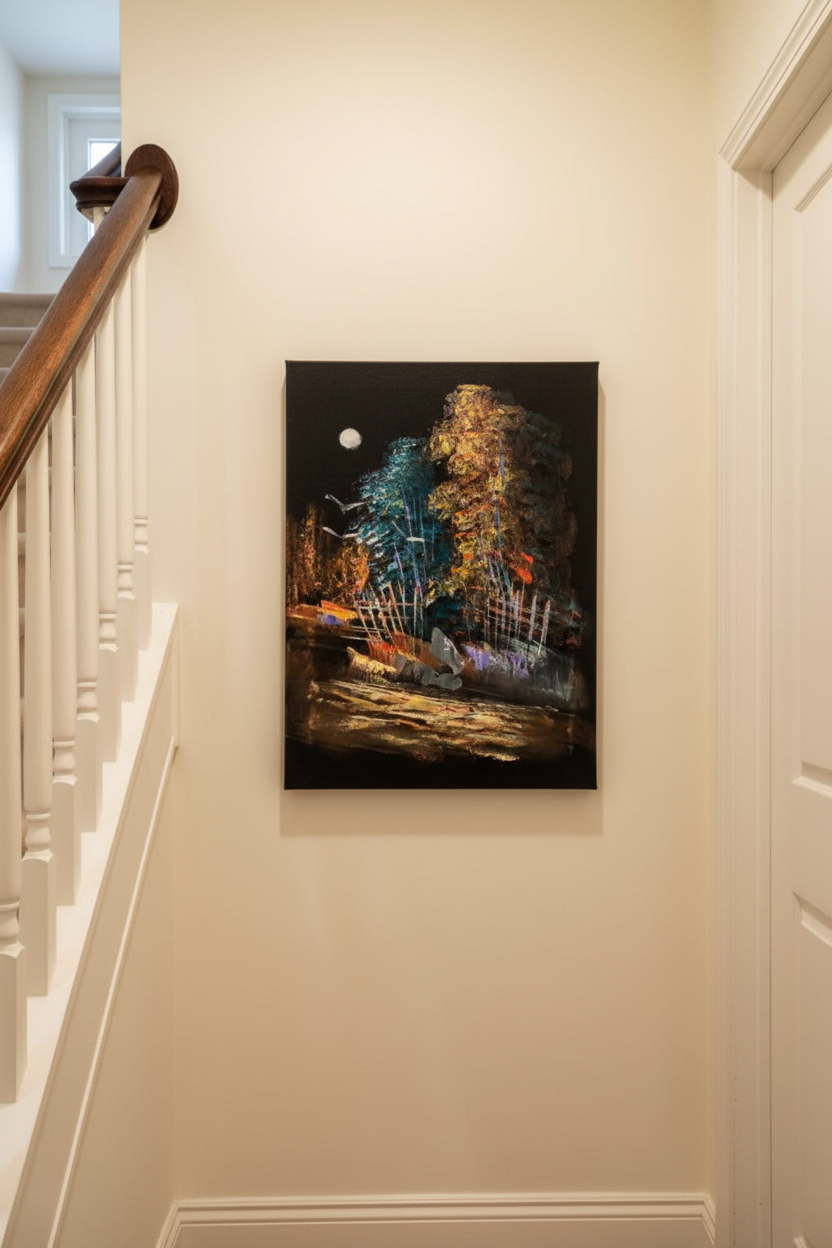 Moonlit Forest at Night oil painting on cream white wall in intimate hallway near staircase — no frame, lifestyle interior staging