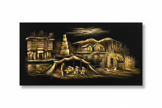 Iraqi village night scene with ziggurat canvas wall art on white background with shadow – 47x24 inches