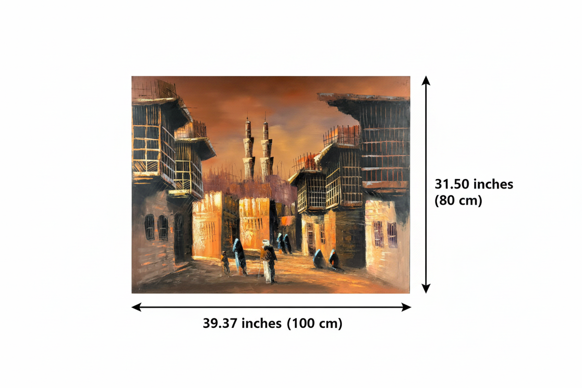 Dimension diagram showing 39.37 inches width and 31.50 inches height for the Minaret at Dusk original oil painting