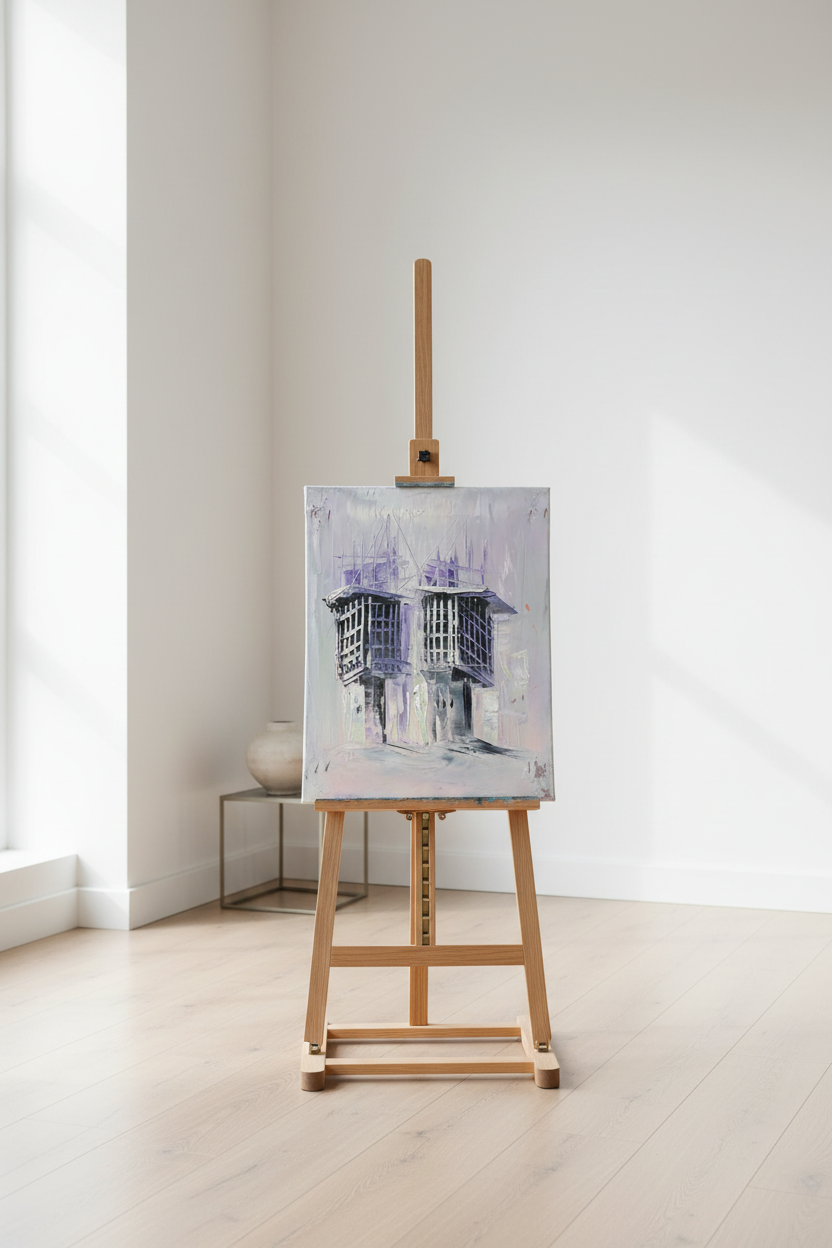 Original lavender shanasheel duo oil painting displayed on wooden easel stand in bright modern interior