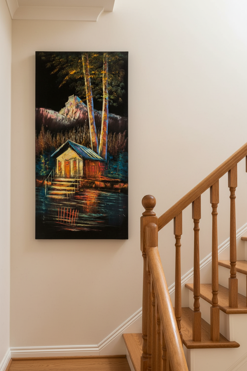 Mountain Boathouse painting displayed in elegant staircase interior setting