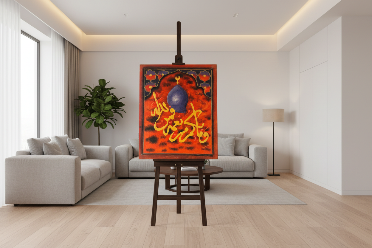 Fa Bi Ayyi Ala'i Rabbikuma Surah Ar-Rahman mosque dome panel displayed on easel stand in modern living room