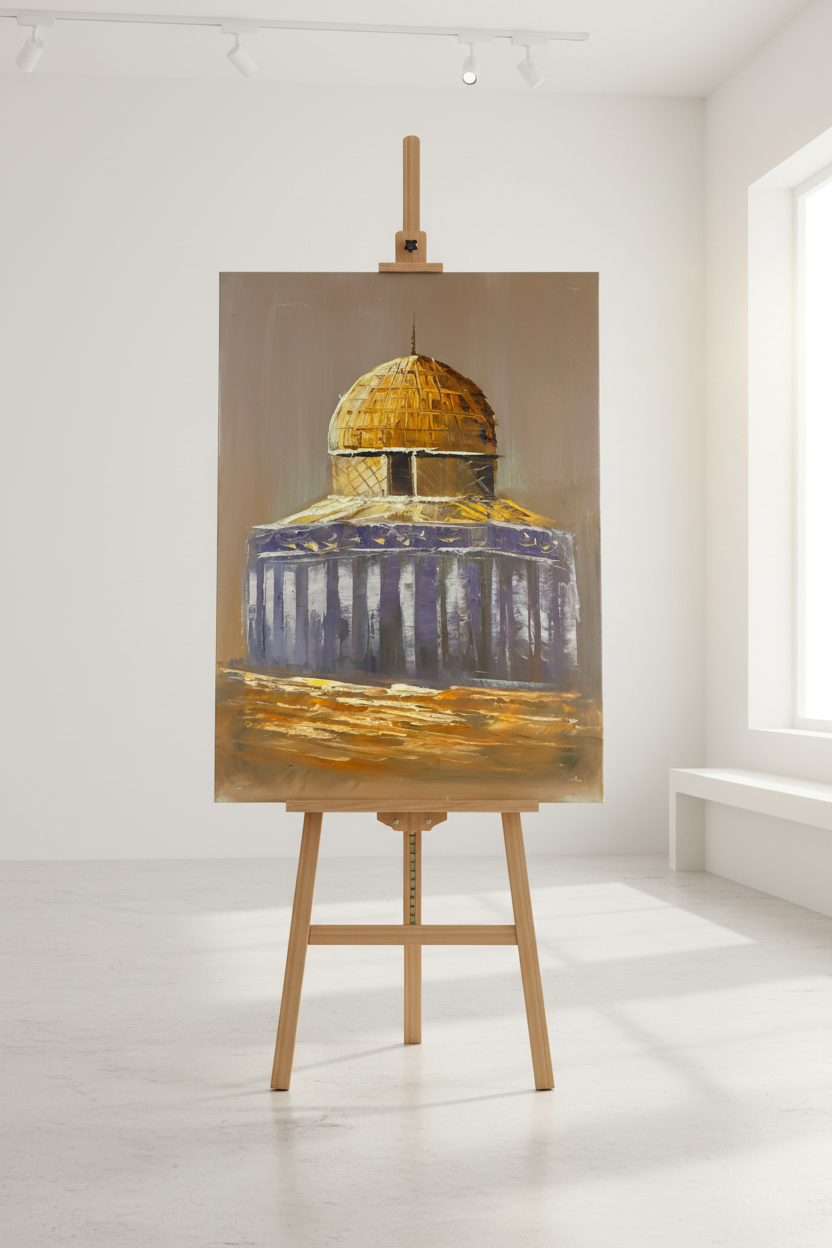 Dome of the Rock painting displayed on wooden easel stand in minimalist studio
