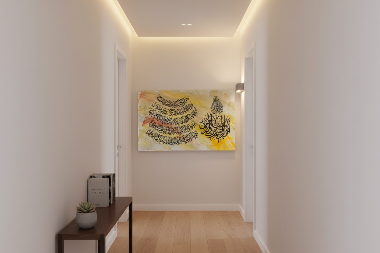 Ayat Al-Salawat canvas displayed in an elegant hallway