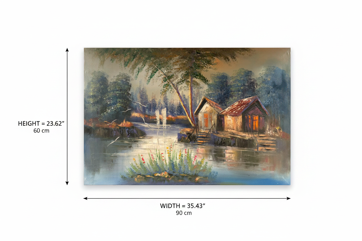 Dimension diagram of glowing lakeside cabin oil painting showing width 35.43 inches 90 cm and height 23.62 inches 60 cm on white background