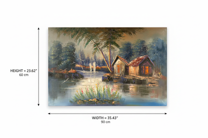 Dimension diagram of glowing lakeside cabin oil painting showing width 35.43 inches 90 cm and height 23.62 inches 60 cm on white background