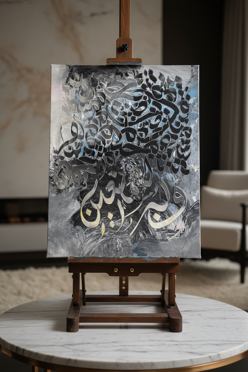 Wa Bihi Nastaeen Arabic calligraphy canvas art on a wooden easel display stand, portrait orientation, no frame gallery wrap, luxury home decor