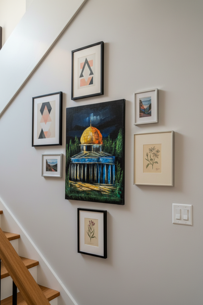 Dome of the Rock close-up night canvas art displayed on staircase gallery wall in modern home lifestyle photo