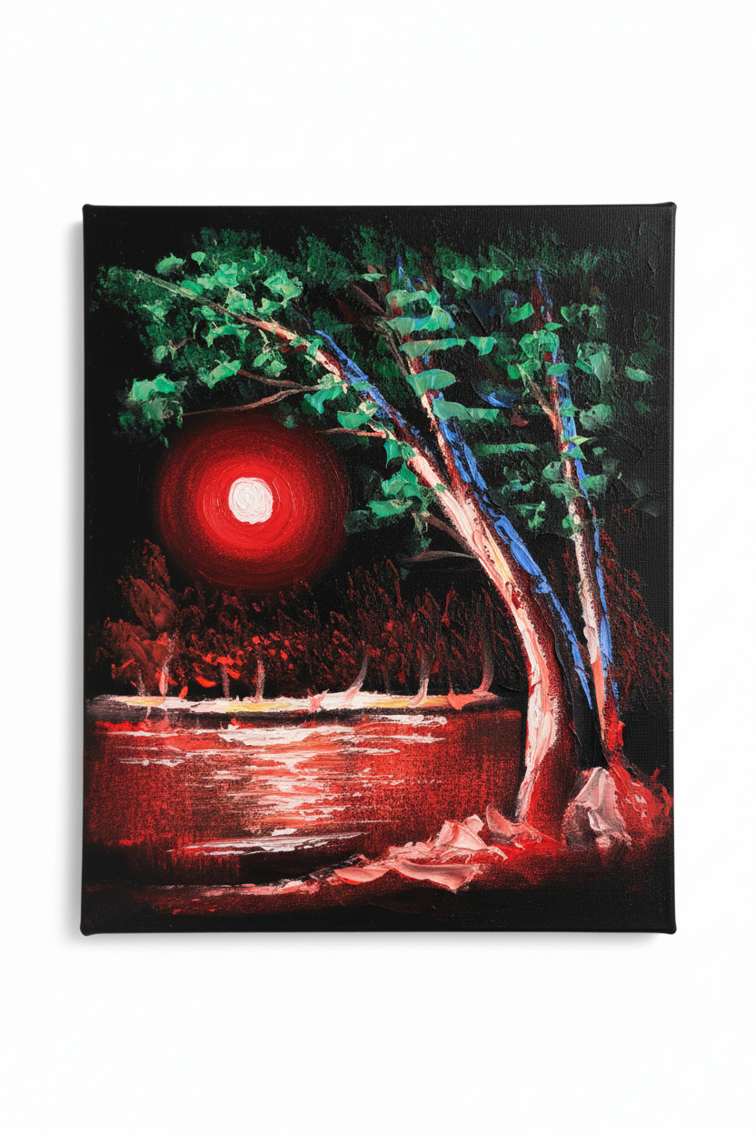 Crimson moon lakeside night moody nature canvas art on white background product photo