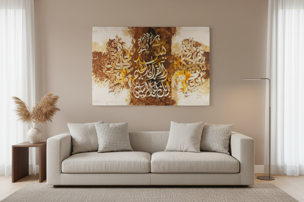 Quranic calligraphy white gold burnt sienna canvas displayed in a modern living room above a sofa, no frame