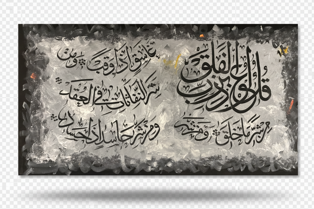 Surah Al-Falaq silver metallic calligraphy canvas isolated with drop shadow, no background