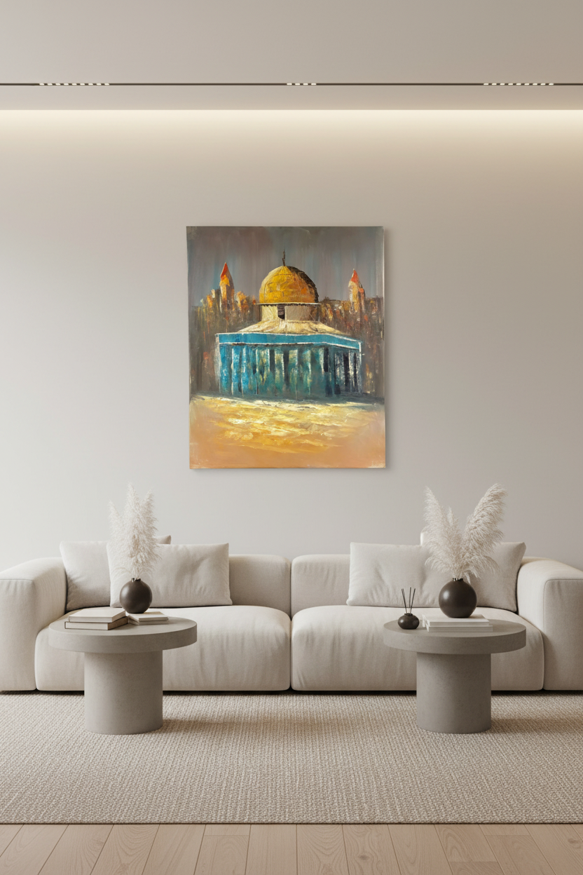Dome of the Rock oil painting mounted on an empty wall in a modern luxury living room