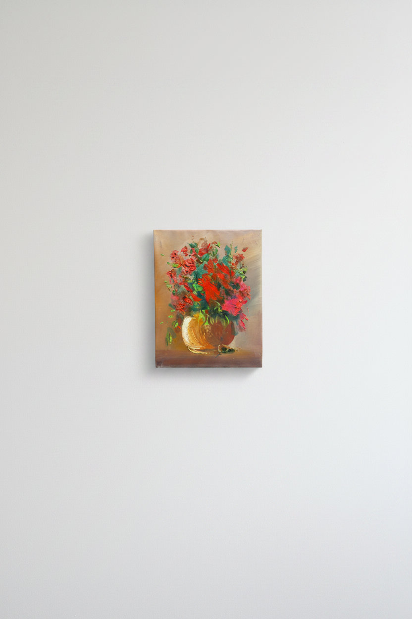 Original red floral impasto canvas displayed unframed on clean empty white wall