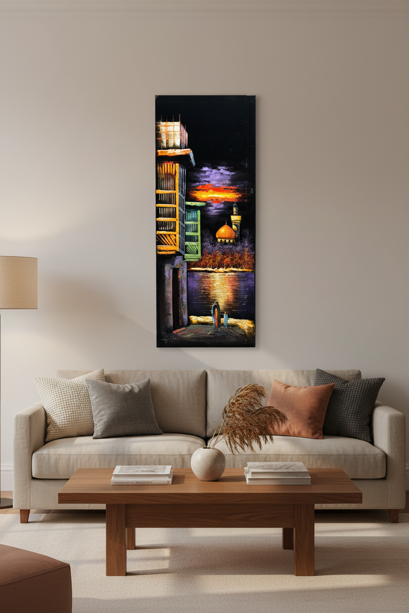 Middle Eastern nocturnal painting displayed as statement piece in luxury living room