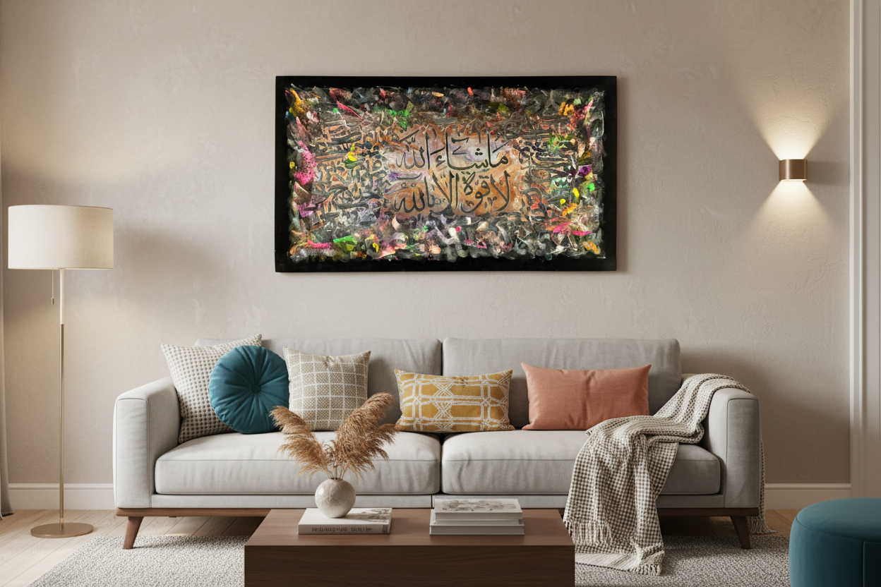Masha Allah neon resin canvas displayed in a modern living room above sofa