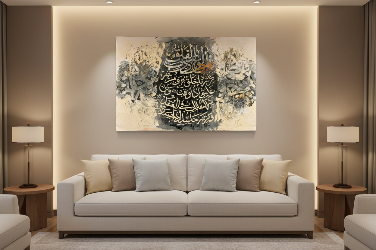 Surah Al-Falaq calligraphy canvas displayed in a modern living room above a sofa, no frame