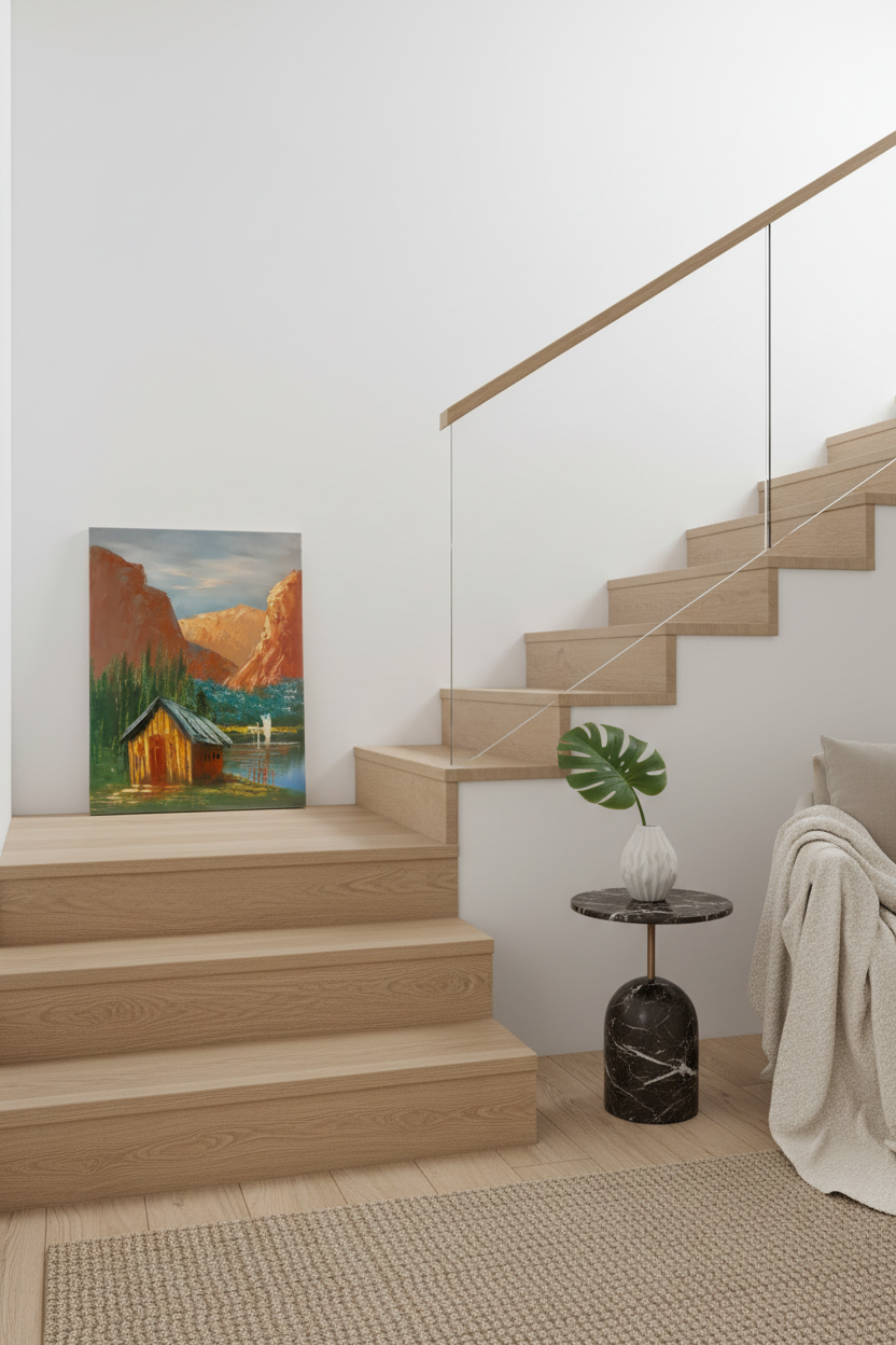 Mountain cabin painting leaning against wall near stairs in luxury home