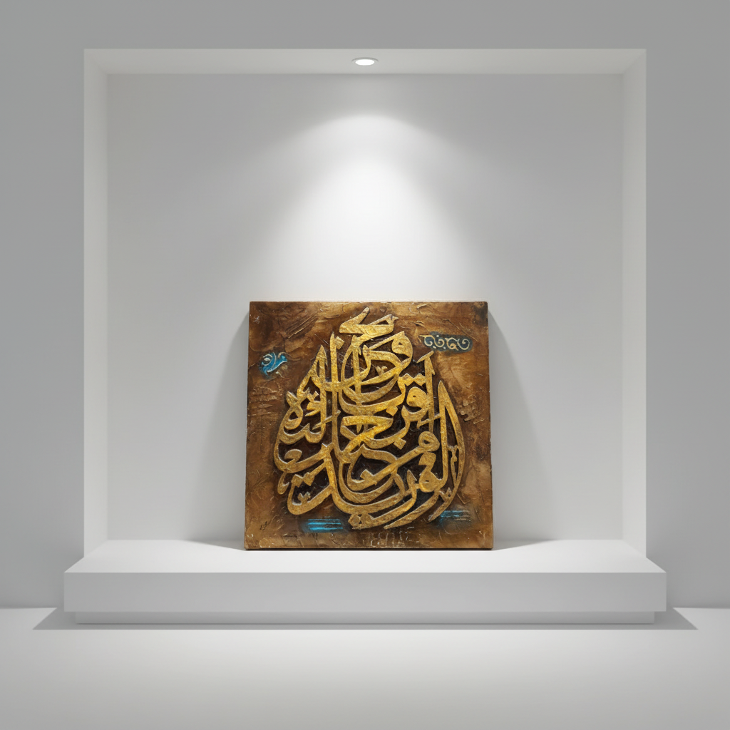 3D raised gold Islamic calligraphy copper bronze square canvas art 15.75x15.75 inches (40x40cm) on a minimalist stage area shelf, no frame