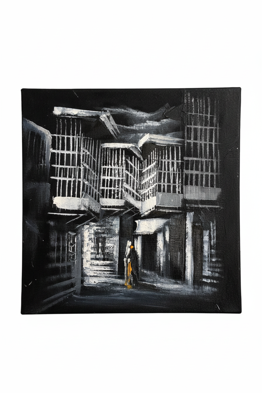 Noir silver mashrabiya alleyway night old city heritage canvas art on white background product photo