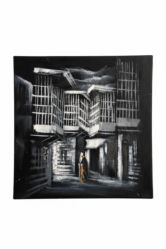 Noir silver mashrabiya alleyway night old city heritage canvas art on white background product photo