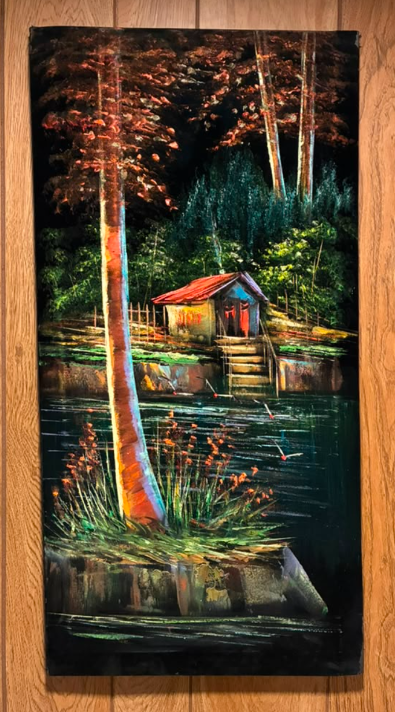 Lakeside Cabin at Dusk – Original Oil Painting on Canvas