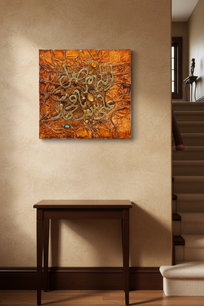 Islamic calligraphy amber mosaic wall art displayed on staircase wall