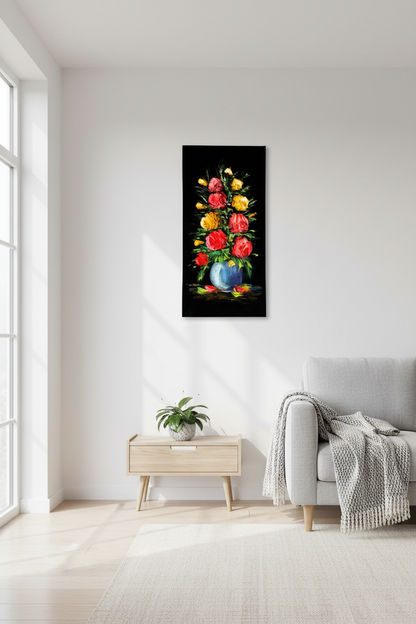 Original acrylic rose bouquet painting displayed unframed on a white Scandinavian living room wall