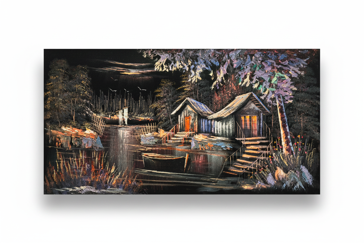 Lakeside cabin night scene canvas wall art on white background with shadow – 47x24 inches