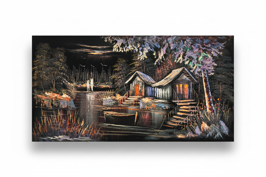 Lakeside cabin night scene canvas wall art on white background with shadow – 47x24 inches
