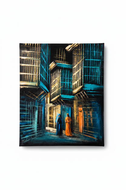 Teal blue mashrabiya alleyway night old city heritage canvas art on white background product photo