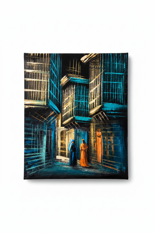 Teal blue mashrabiya alleyway night old city heritage canvas art on white background product photo