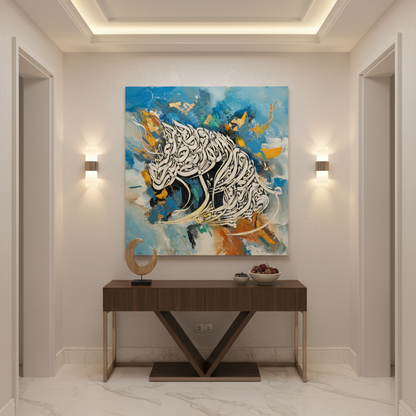 Frameless square Arabic calligraphy canvas art displayed in elegant hallway