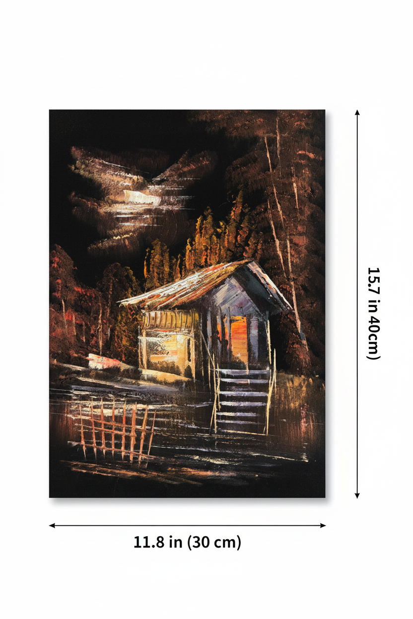 Rustic woodland cabin night canvas art with dimensions 11.8 inches wide x 15.7 inches tall 30cm x 40cm