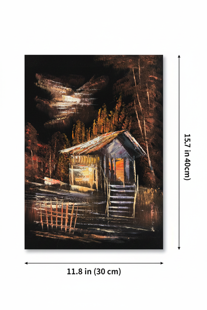 Rustic woodland cabin night canvas art with dimensions 11.8 inches wide x 15.7 inches tall 30cm x 40cm