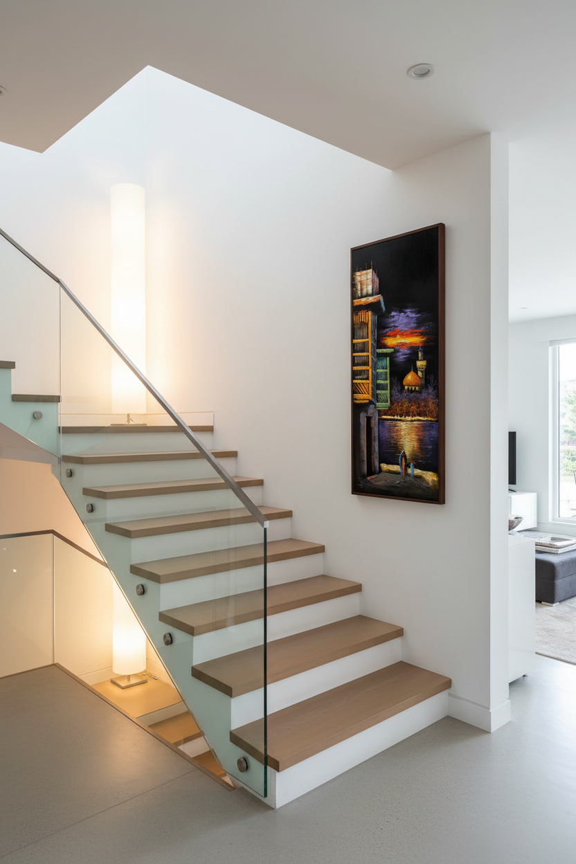 Middle Eastern nocturnal painting displayed on staircase wall in luxury home interior