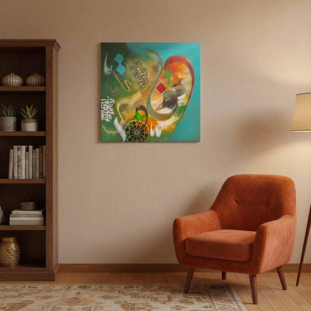 Abstract Islamic calligraphy teal green gold square canvas art displayed in a cozy living room corner, no frame
