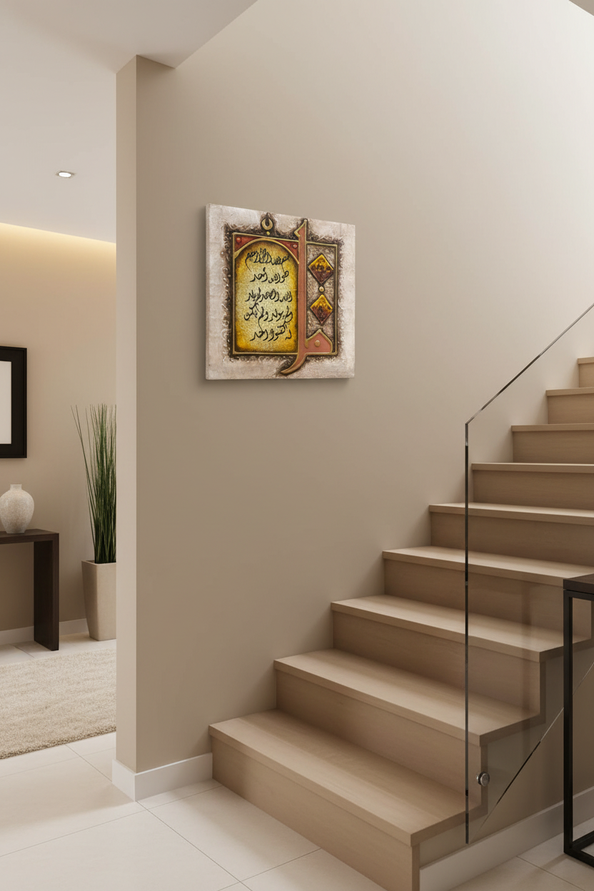 Surah Al-Ikhlas calligraphy canvas mounted on staircase wall in modern home interior