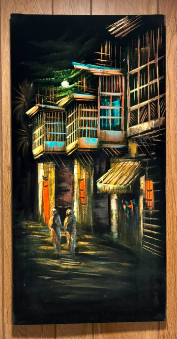 Bamboo Street at Night – Original Oil Painting on Canvas