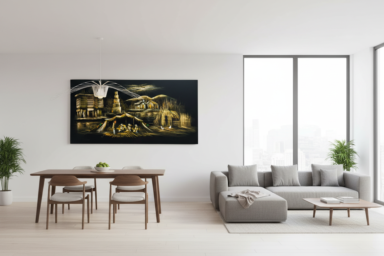 Iraqi village night scene with ziggurat canvas wall art displayed in open dining and sitting area
