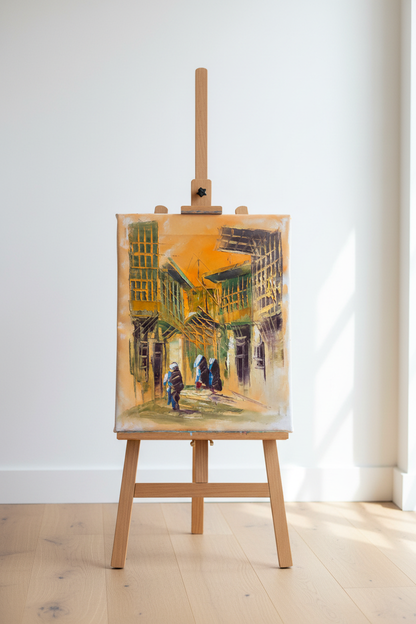 Original Middle Eastern market street oil painting displayed on wooden easel stand in bright modern interior