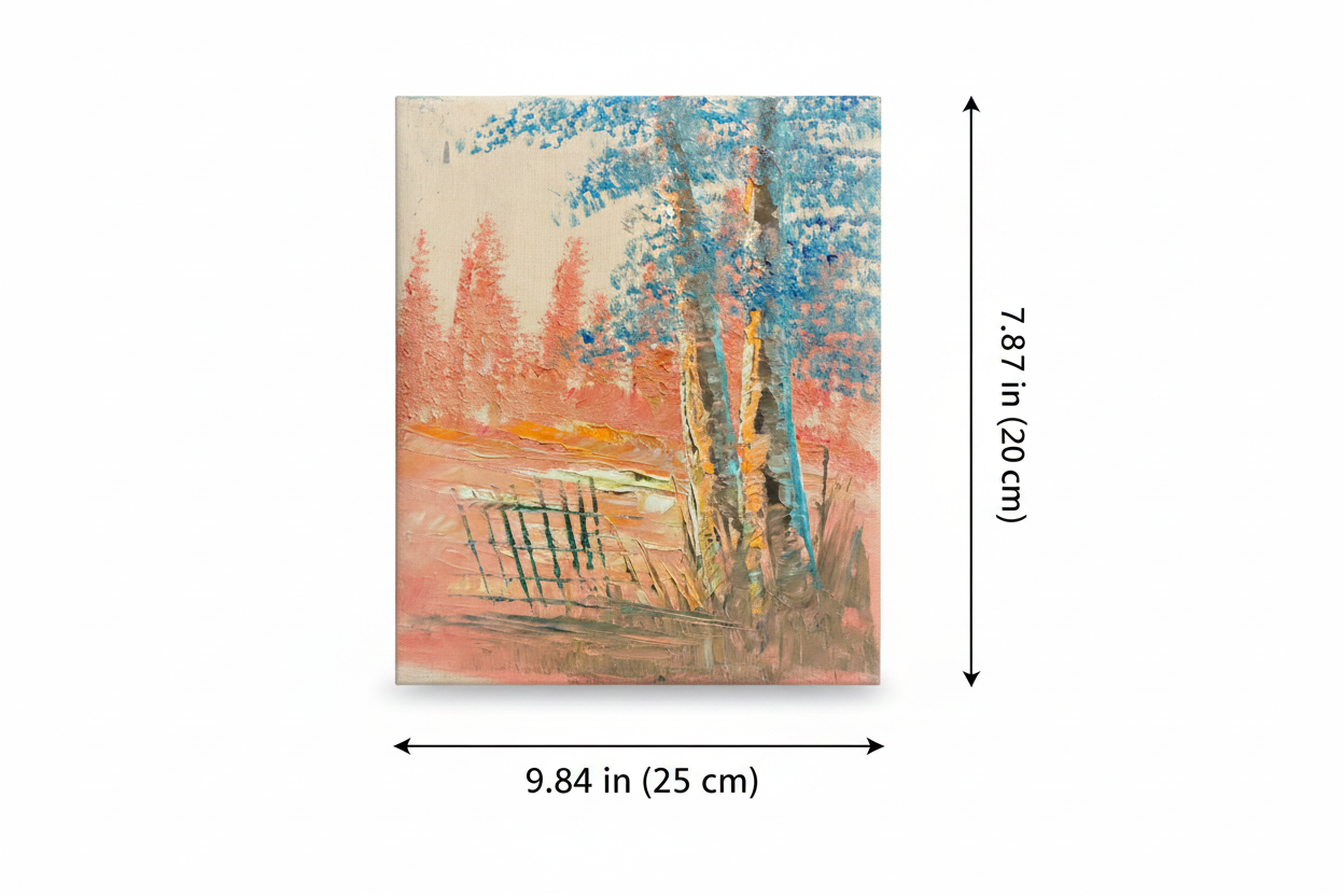 Dimension diagram showing 9.84 inch width and 7.87 inch height of the colorful forest oil painting canvas